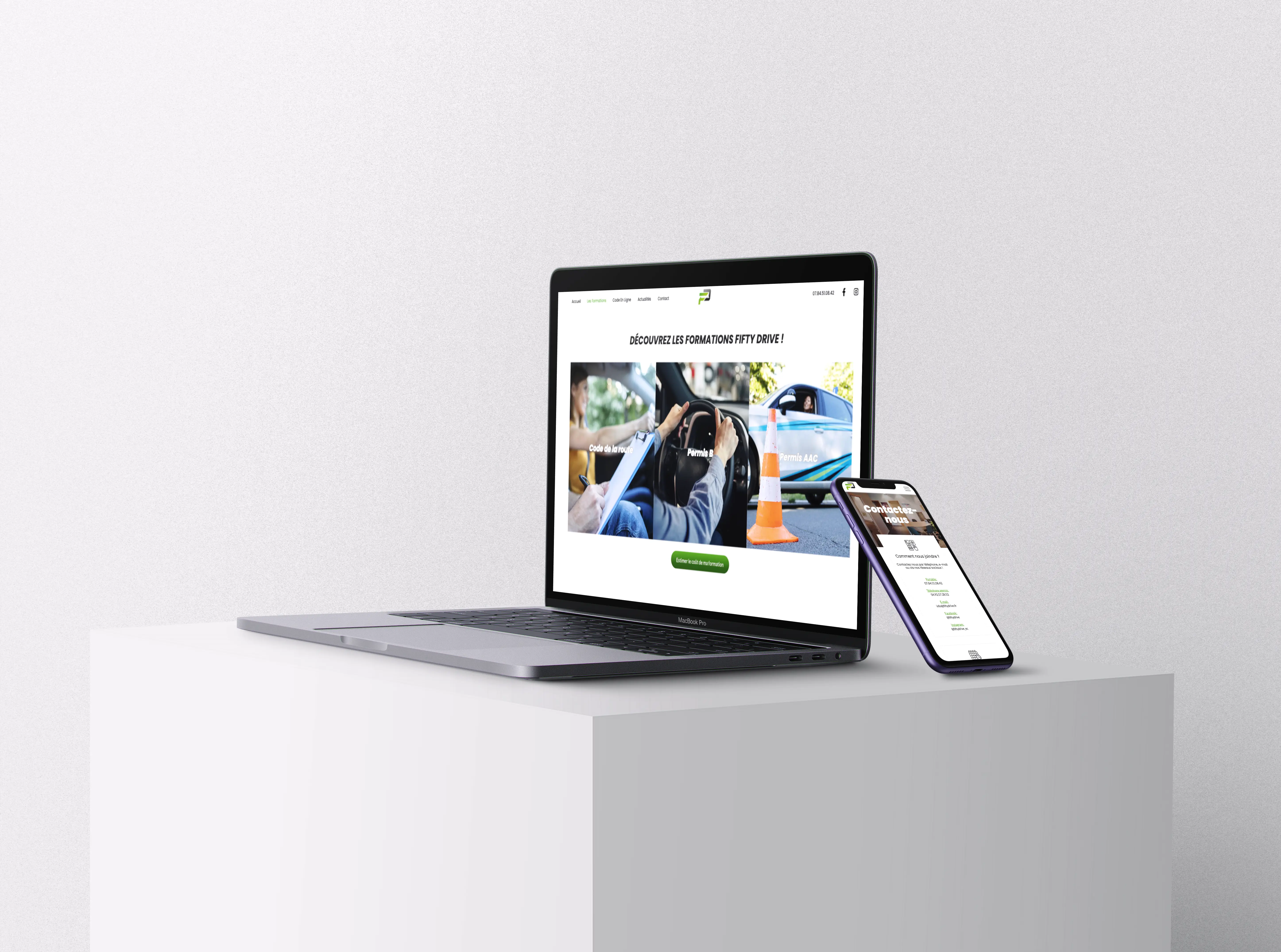 mockup d'un ordinateur et d'un téléphone affichant le site fiftydrive.fr